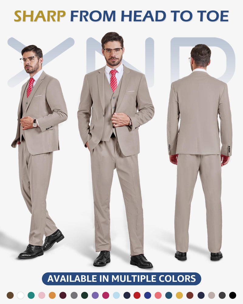 YND Men's Slim Fit 3 Piece Suit Set, One Button Solid Blazer Vest Pants with Tie, for Wedding Party Proms and Business, Beige - Image 2